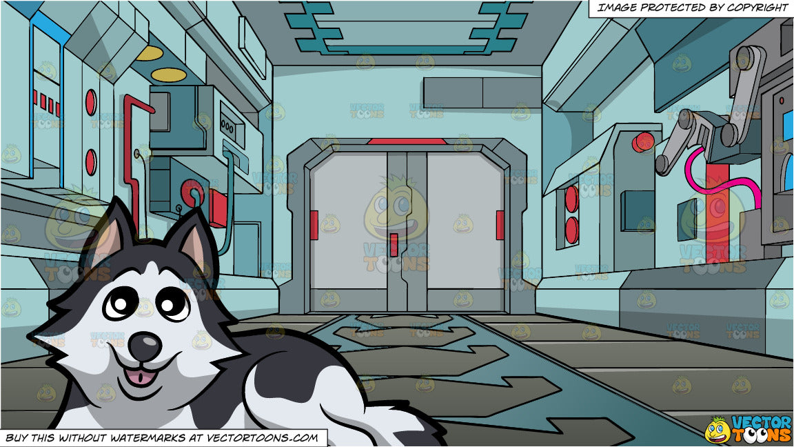 A Kind Young Husky Dog And Interior Of A Space Station Background