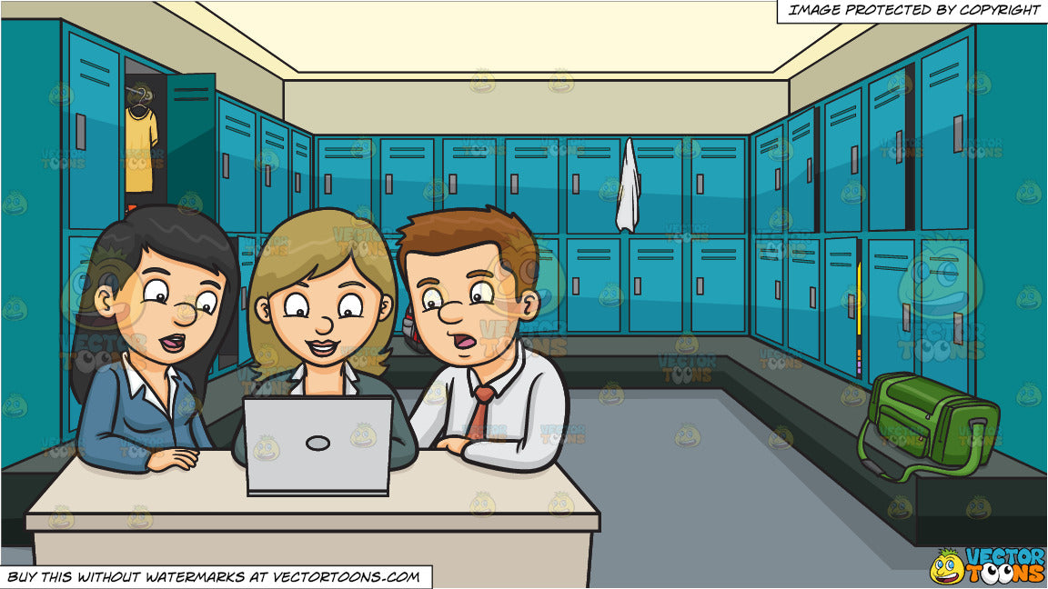 A Man And Woman Assisting A Fellow Worker On Their Group Report And A Locker Room At A Gym Background