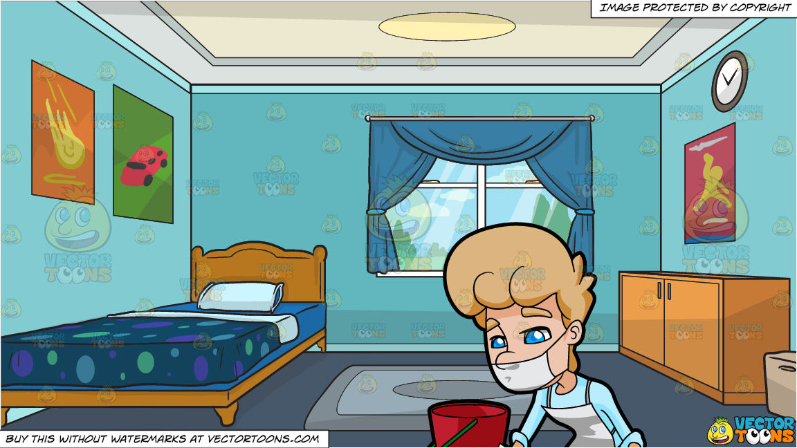 A Man Cleaning The Floor With A Sponge And The Bedroom Of A Young Boy Background