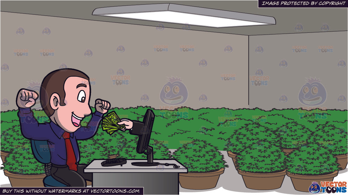 A Man Getting Money Out Of His Computer And A Grow Room Full Of Potted Plants