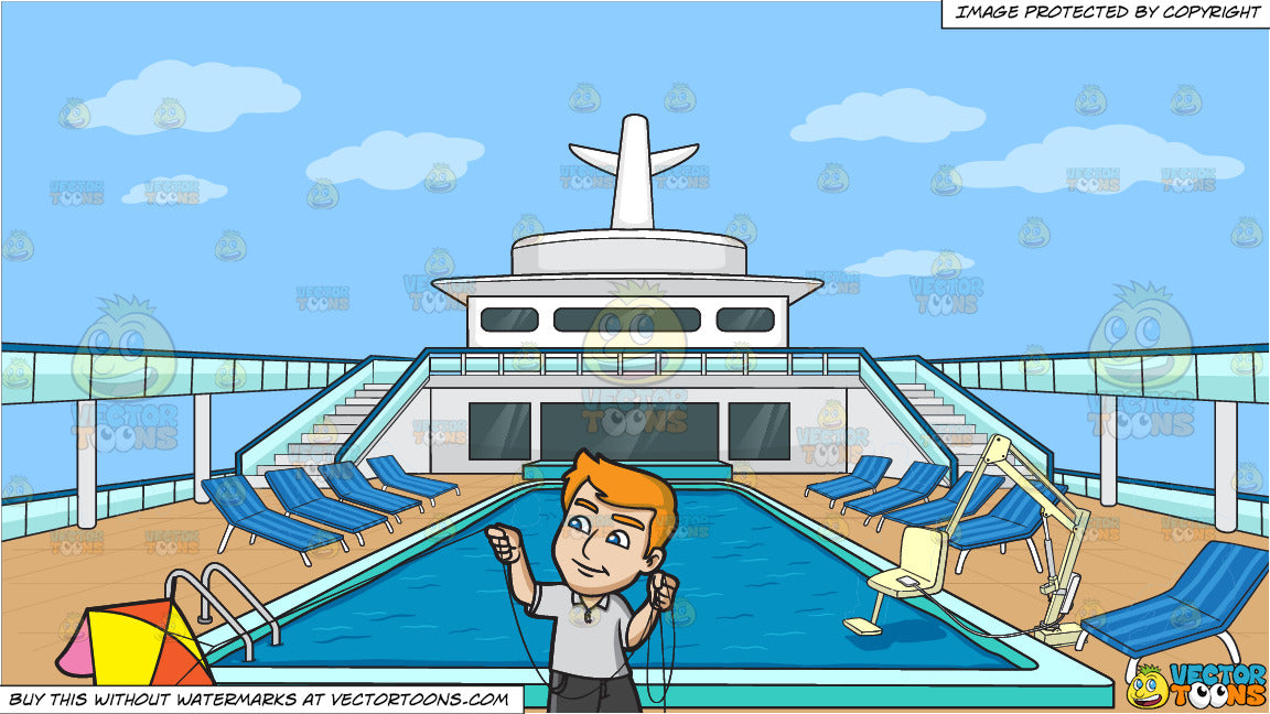 A Man Getting Ready To Fly A Big Kite And An Empty Cruise Ship Pool De Clipart Cartoons By Vectortoons