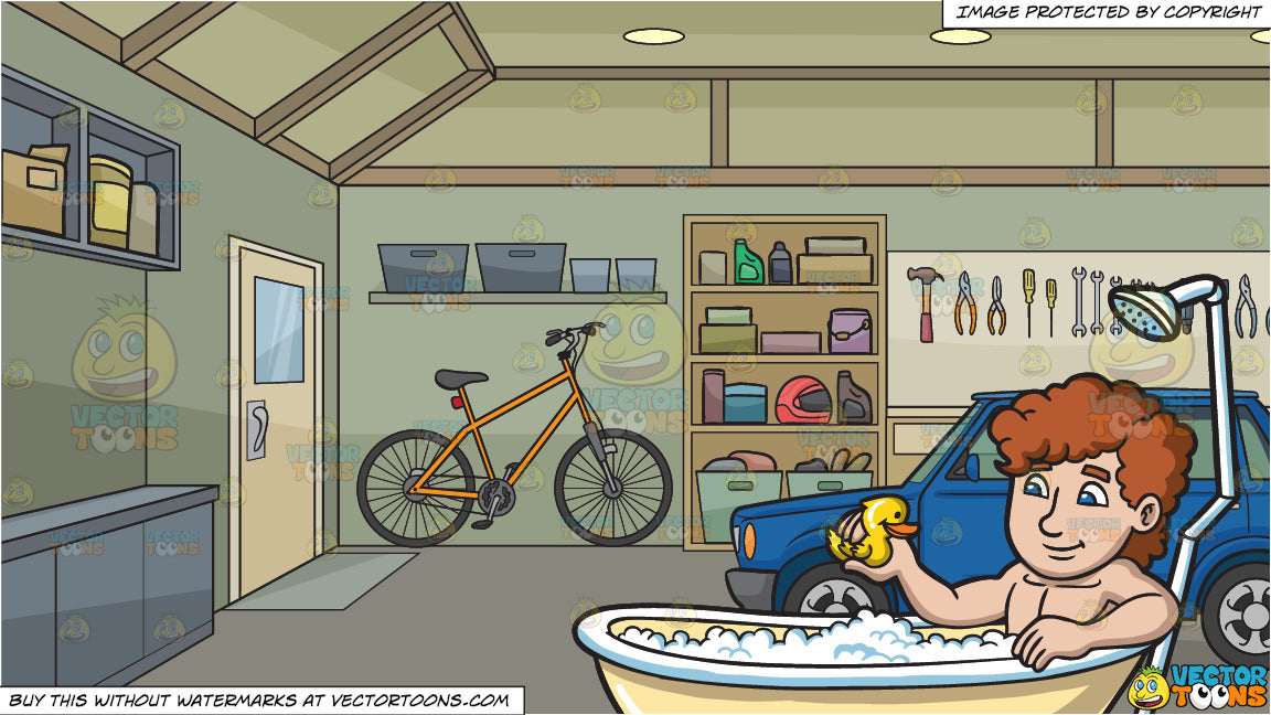 A Man Playing A Rubber Ducky In A Bathtub And The Inside Of A Home Garage Background