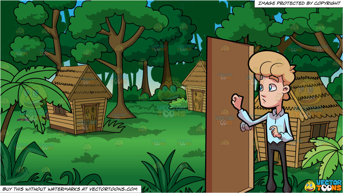 A Man Shyly Knocks On A Door And Grass Huts In A Jungle Background