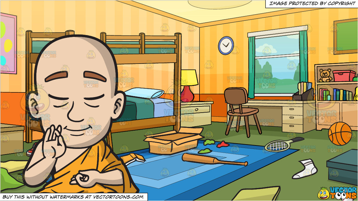 A Meditating Buddhist Monk And Messy Kids Bedroom Background