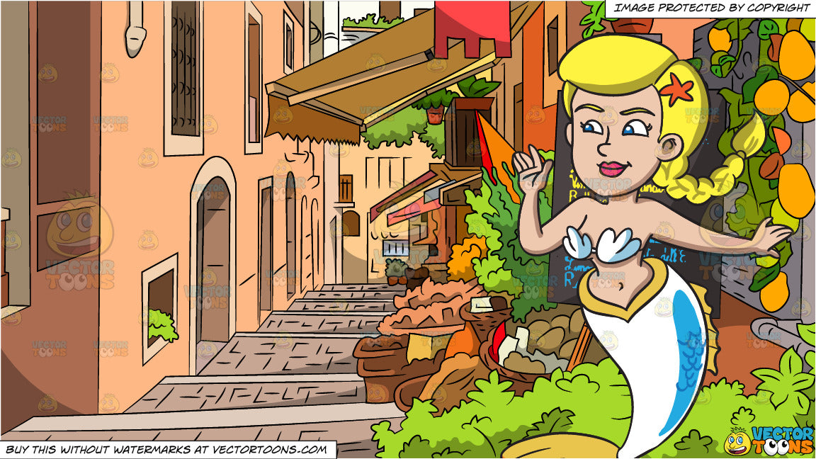 A Mermaid With A Gold And White Tail And European Village Street
