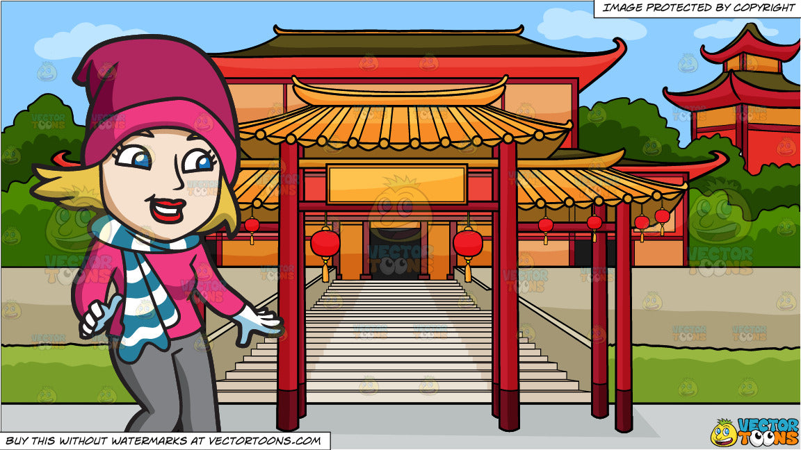 A Pretty Ice Skater And A Chinese Temple Background Clipart