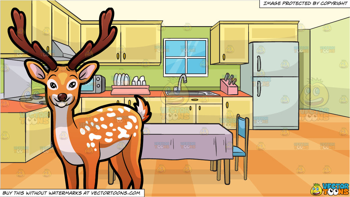 A Pretty Young Deer And A Family Kitchen With A Dining Table And Two Chairs Background