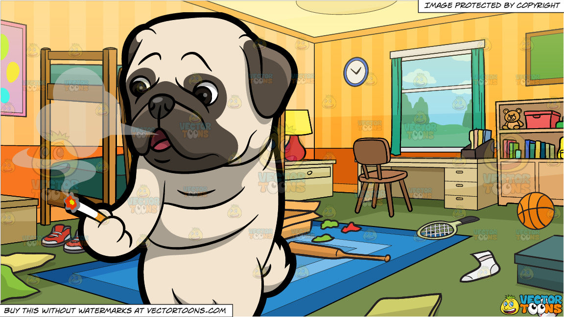A Pug Smoking A Cigarette And Messy Kids Bedroom Background