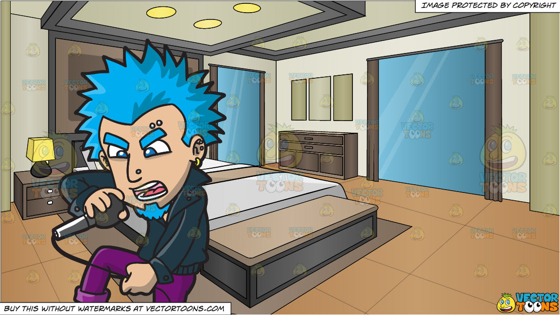 A Punk Rock Singer With Blue Hair And A Modern Bedroom Background