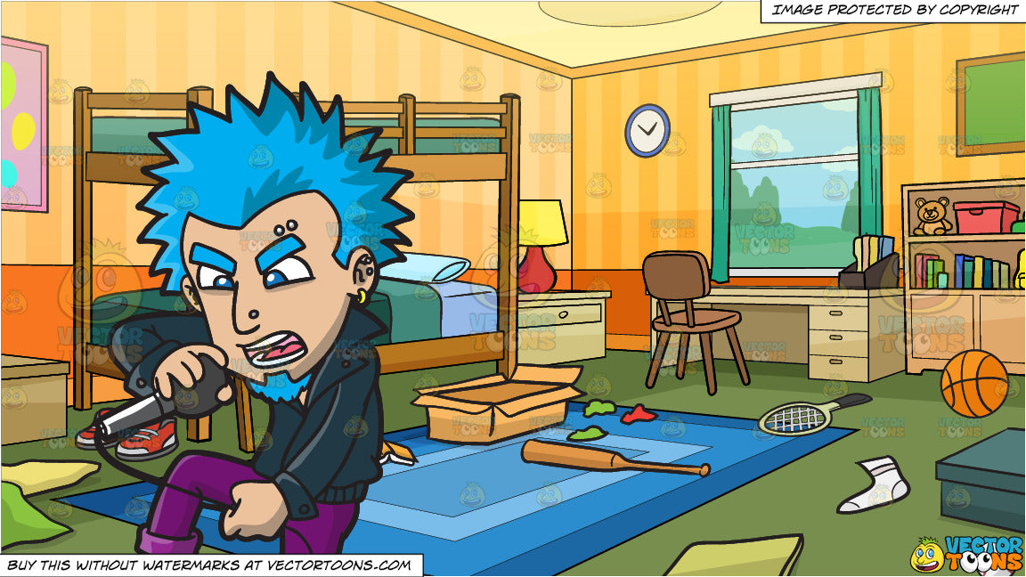 A Punk Rock Singer With Blue Hair And Messy Kids Bedroom Background