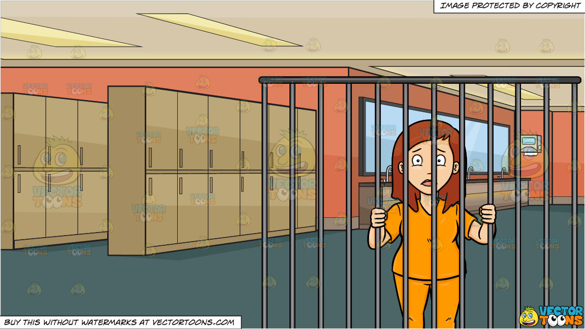 A Scared Woman Behind Bars And Inside A Nice Locker Room Background