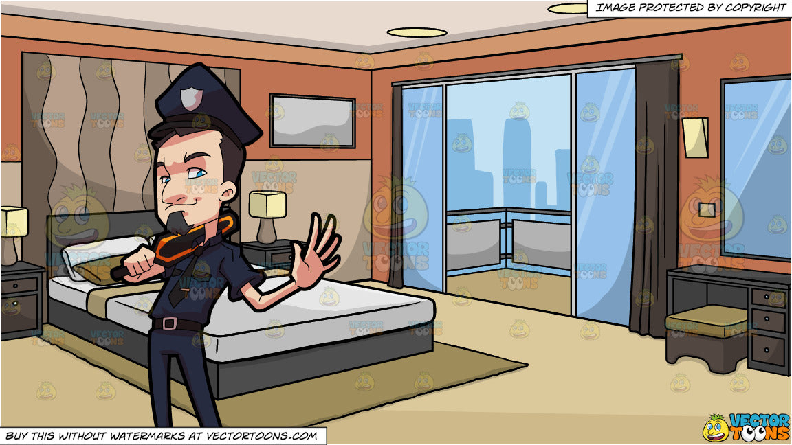 A Security Guard Stopping Someone At A Check Point And A Modern Hotel Room Background