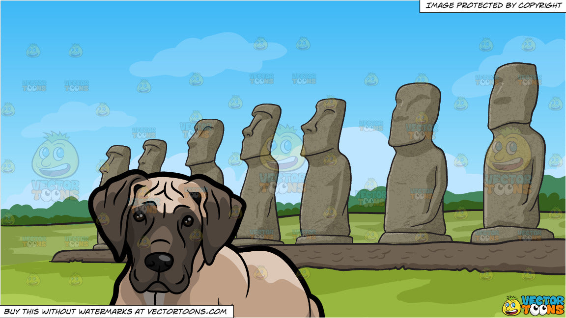 A Tired Great Dane Dog And Moai Polynesian Statues Background Clipart Cartoons By Vectortoons