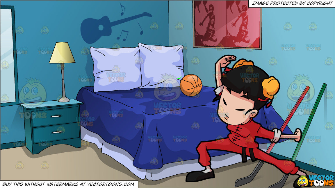 A Woman Practicing Her Martial Arts Move And Adolescent Boys Bedroom Background