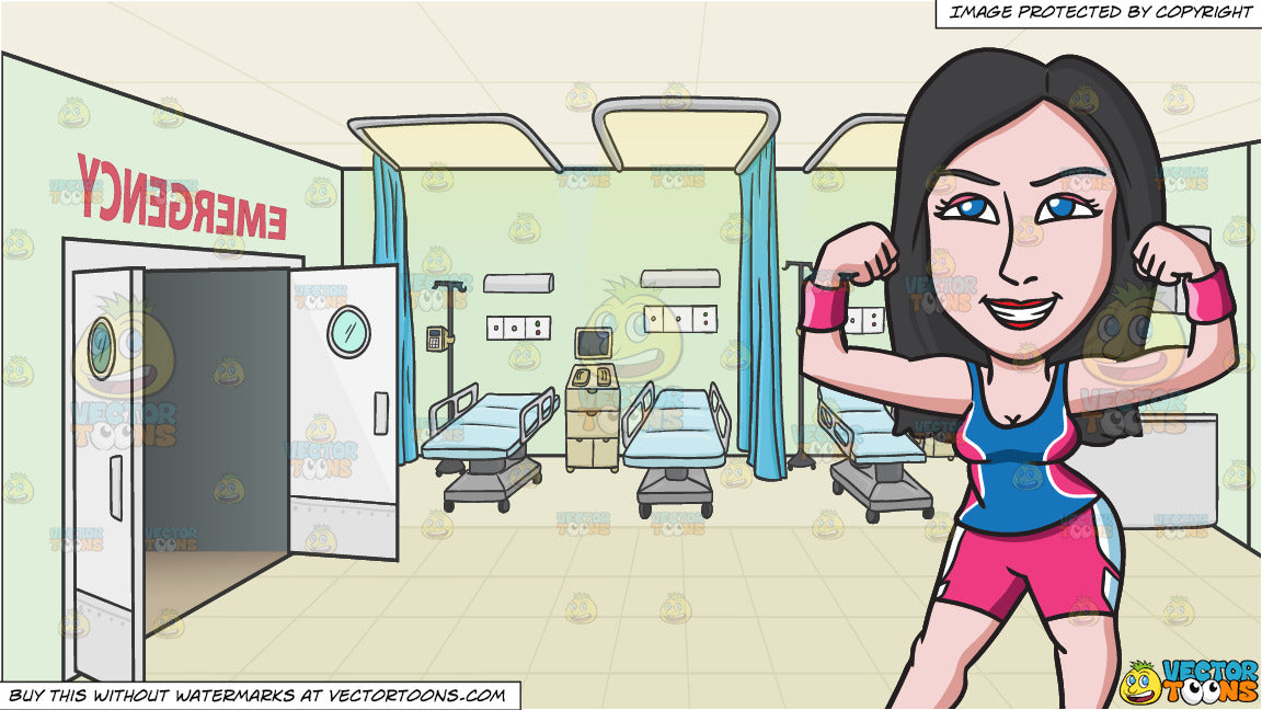 A Woman Proudly Shows Her Muscles And Hospital Emergency Room Background