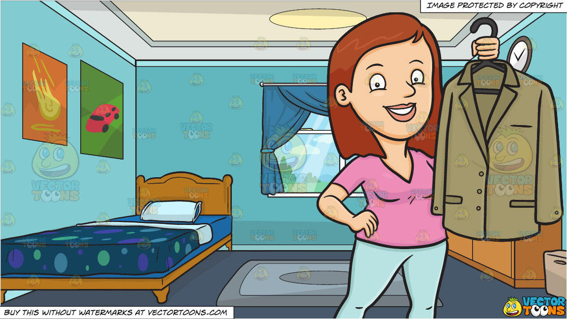 A Woman Proudly Shows Off A Clean Dress Jacket And The Bedroom Of A Young Boy Background