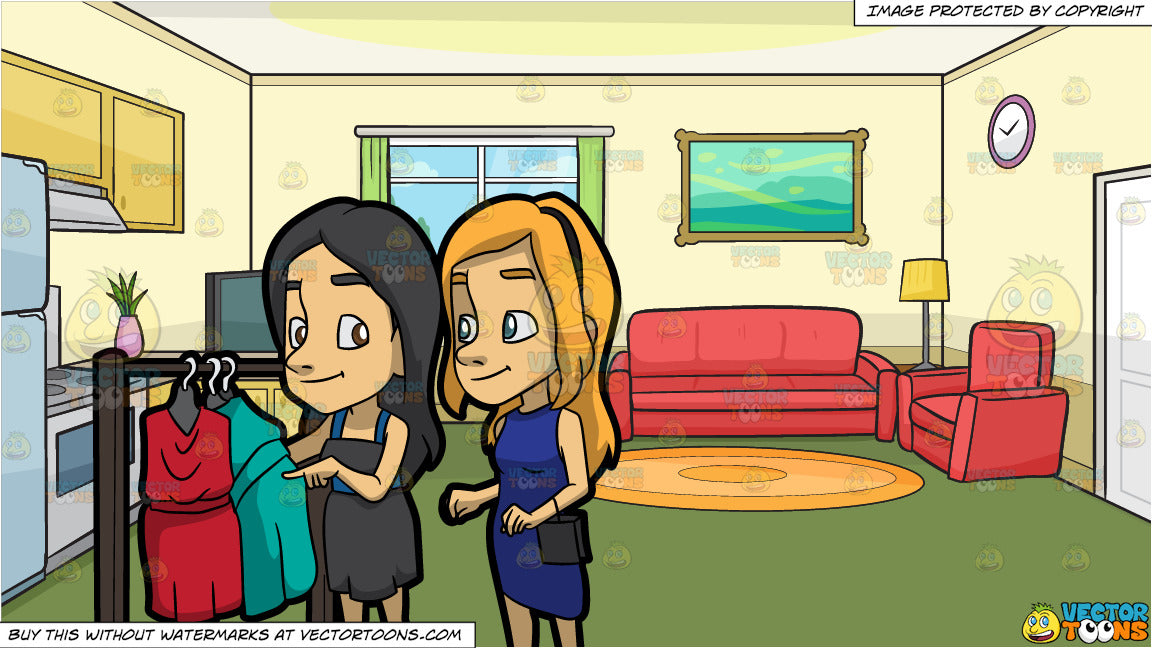 A Woman Shopping For Dresses With Her Best Friend And The Kitchen And Clipart Cartoons By Vectortoons