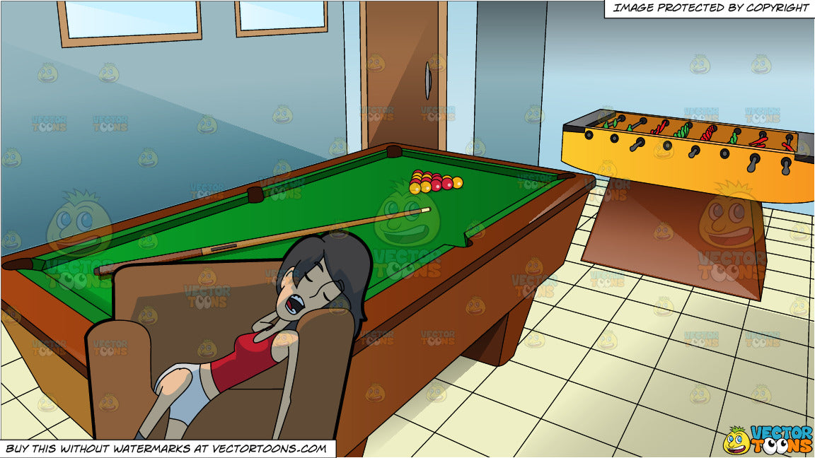 A Woman Sleeping On A Sofa Chair And A Gaming Room With Pool Table And Foosball