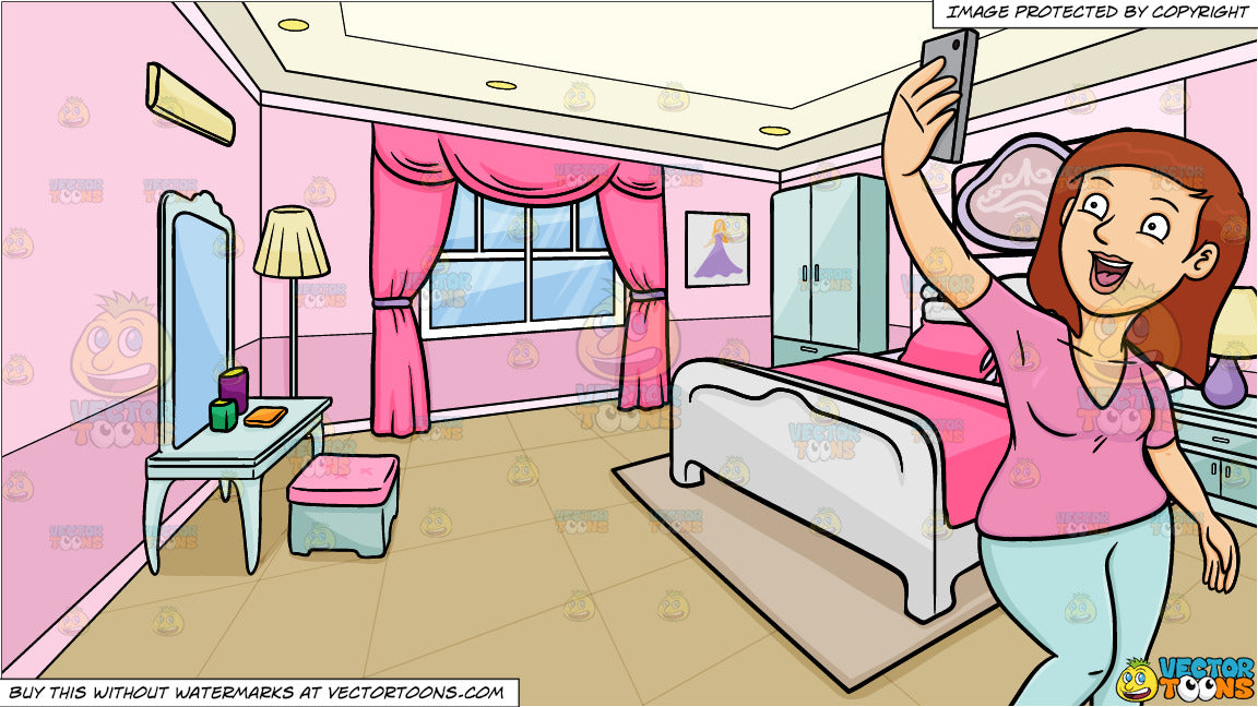 A Woman Takes An Overhead Selfie Shot And A Bedroom Of A Teenage Girl Background