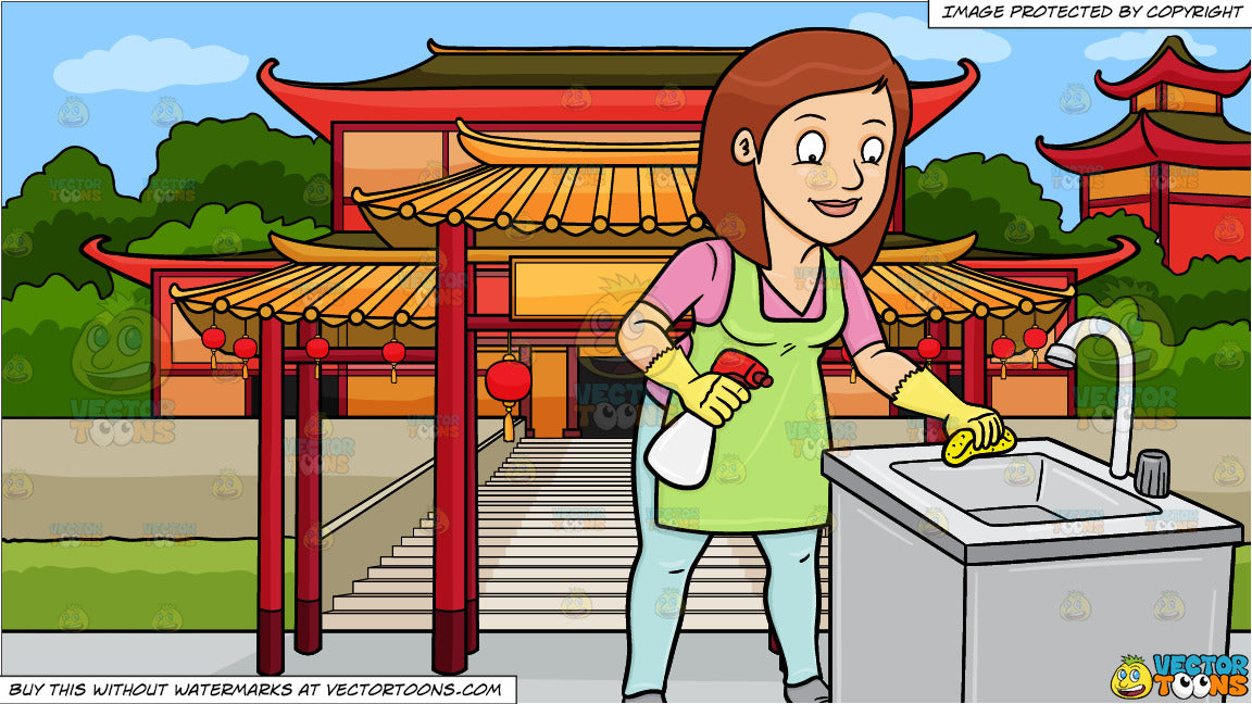 A Woman Trying To Polish A Kitchen Sink And A Chinese Temple Background