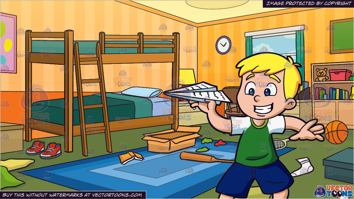 A Young Boy Playing With A Paper Airplane And Messy Kids Bedroom Background