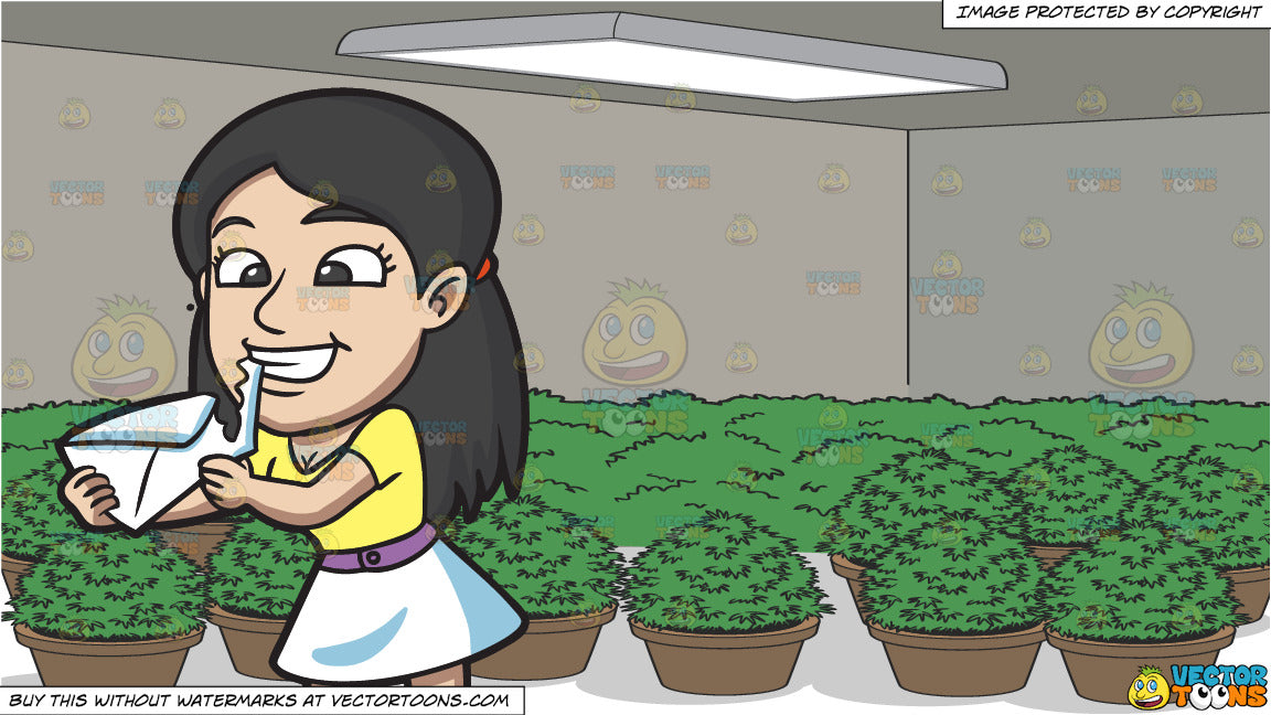 A Young Woman Tearing An Envelope Open With Her Teeth And A Grow Room Full Of Potted Plants