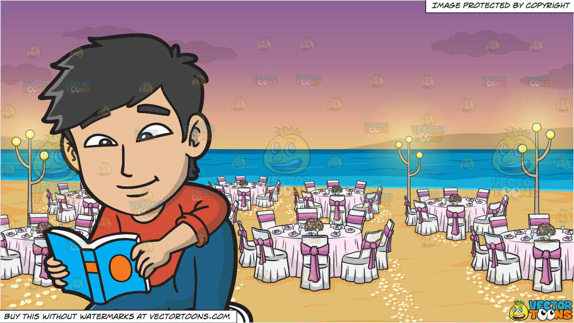 An Asian Guy Reading A Book And A Beach Wedding Reception Background