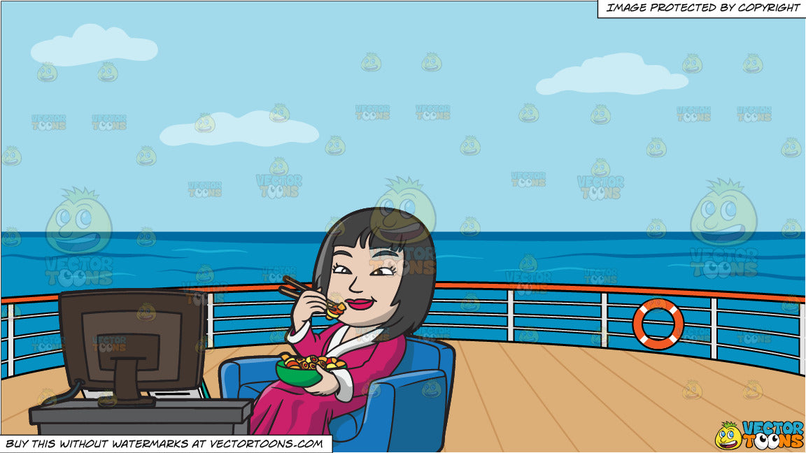 An Asian Woman Eating Chinese Food While Watching Tv And Deck Of A Cruise Ship With Deck Chairs Background