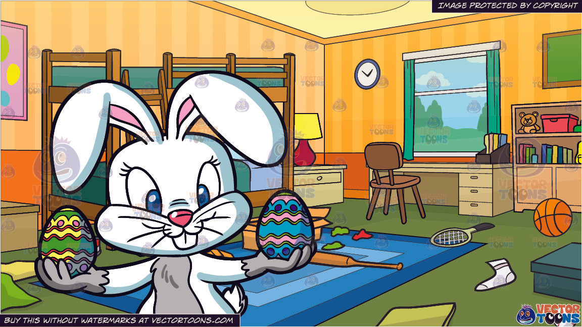 An Easter Bunny Holding Colorful Eggs And Messy Kids Bedroom Background