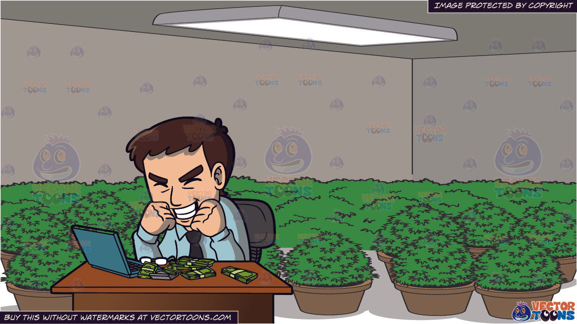 An Ecstatic Man Making Money Online And A Grow Room Full Of Potted Plants