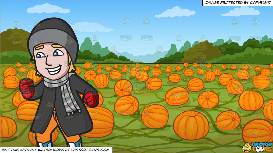 An Excited Guy Ice Skating In The Park And A Pumpkin Patch