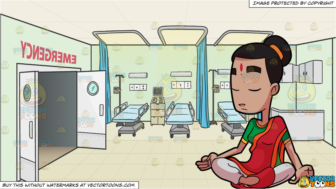 An Indian Woman Meditates At The Temple And Hospital Emergency Room Background