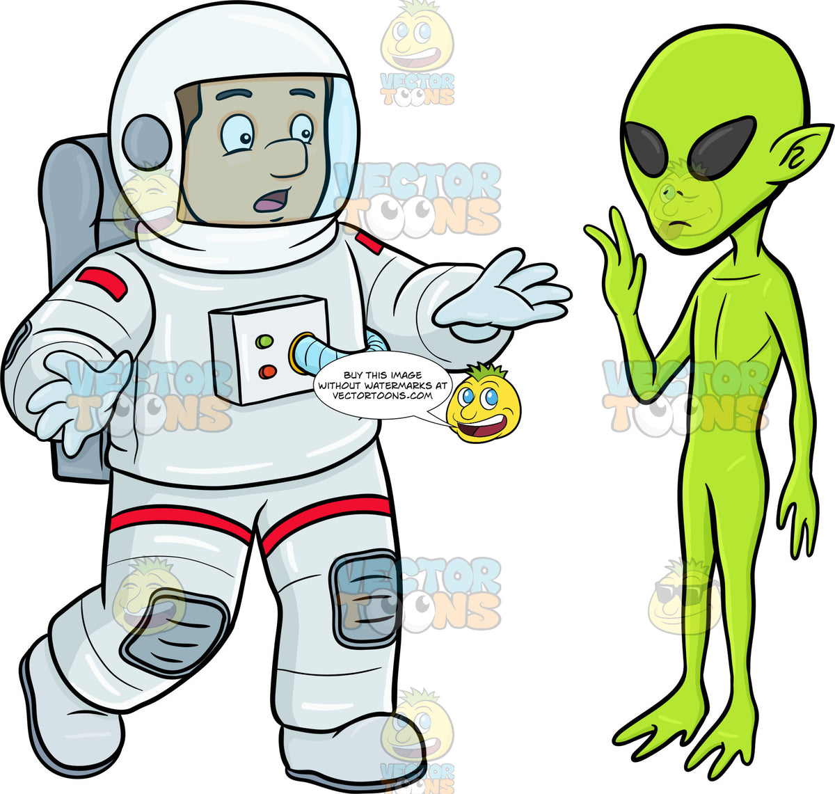 A Male Astronaut Shocked By A Waving Alien – Clipart Cartoons By