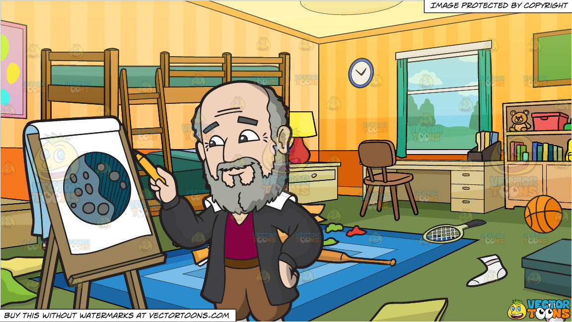 Galileo Galilei Drawing A Moon And Messy Kids Bedroom Background