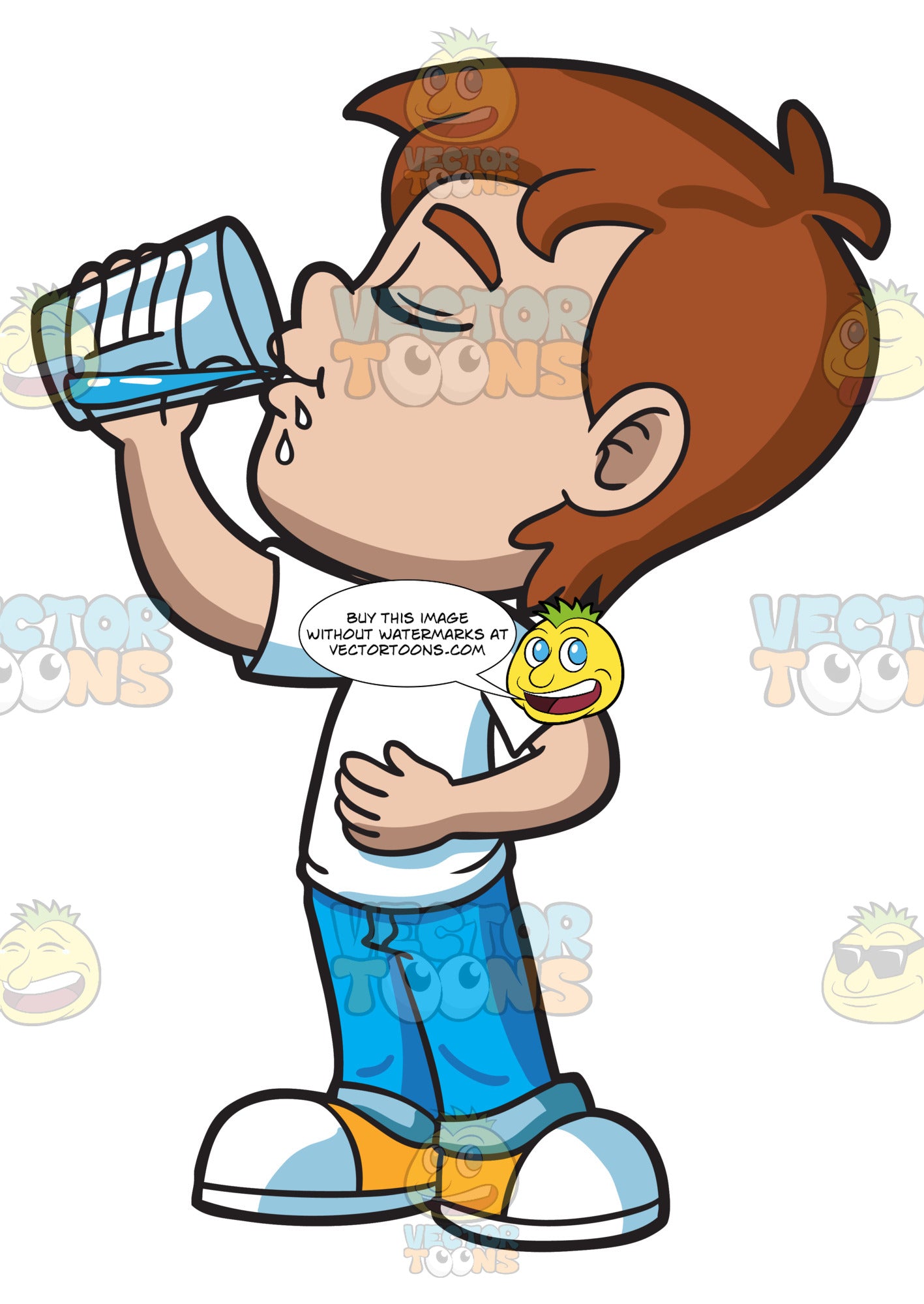 Cartoon: A Young Boy Looking Satisfied While Drinking Water | Clipart