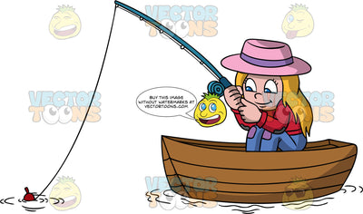 A Girl Sitting In A Boat Fishing. A girl with blonde hair, wearing a pink hat with a purple band, red sweatshirt, blue violet pants with a purple knee patch, smiles while waiting to catch a fish inside a wooden boat, as she holds a teal fishing rod, rod with a red bobber