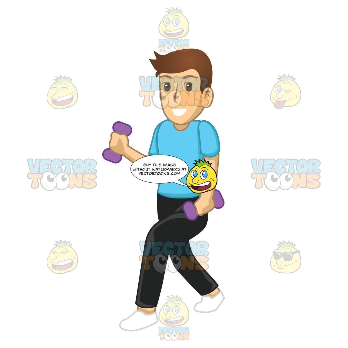 Male Working Out While Using Purple Hand Weights – Clipart Cartoons By