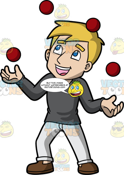 A Man Juggling Red Balls. A man with dirty blonde hair and blue eyes, wearing light gray jeans, a dark gray long sleeved shirt, and brown shoes, smiling as he juggles four red balls