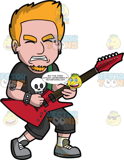 A Man Playing Heavy Metal On An Electric Guitar. A man with orange hair and a goatee, wearing black shorts, a black t-shirt with a skull on it, and gray shoes, closes his eyes and grits his teeth as he plays heavy metal music on a red electric guitar