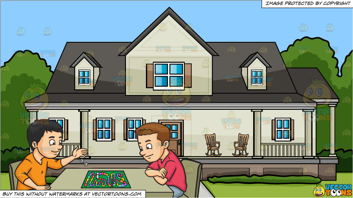 Two Friends Playing A Board Game And A House With Big Front Porch Back Clipart Cartoons By Vectortoons