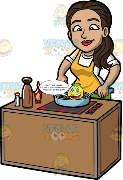 Isabella Adding Seasoning To The Food She Is Cooking. A Hispanic woman with long brown hair, wearing a white shirt, and yellow apron, standing behind a stove and adding some salt to the food she is cooking in a frying pan