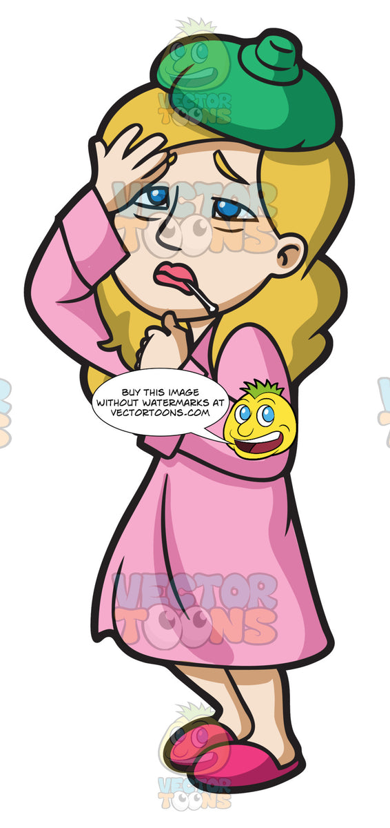 A Sick Woman Checking Her Temperature With A Thermometer – Clipart