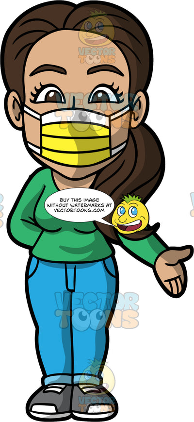 Isabella Wearing A Yellow Face Mask. A Hispanic Woman wearing blue pants, a long sleeve green shirt, gray shoes, and a yellow protective face mask, standing with one hand behind her back and the other arm out to the side