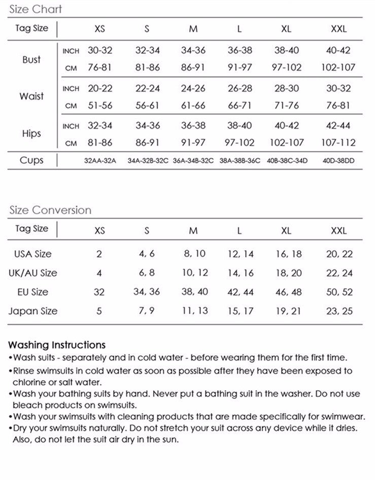 Ouivita Swimsuit Sizing Chart
