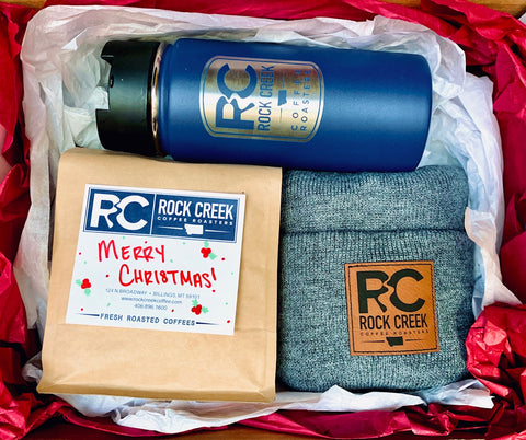 Holiday coffee gift - One, 12-Ounce Bag of Coffee, Hydro Flask and a Rock Creek Coffee Roasters Beanie