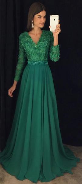 long sleeve green formal gown