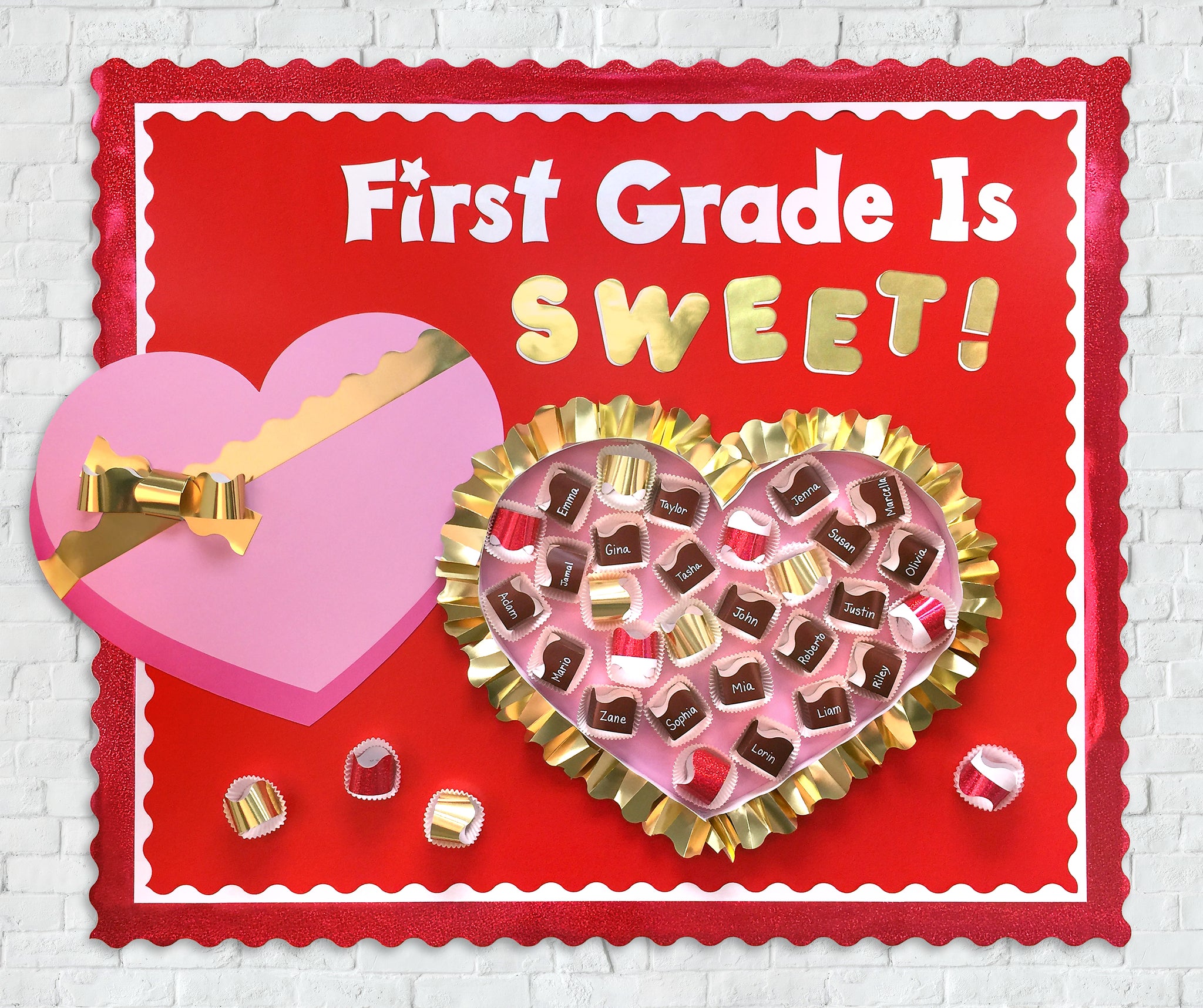 Giant Heart Candy Box Valentine's Day bulletin board idea for school classroom