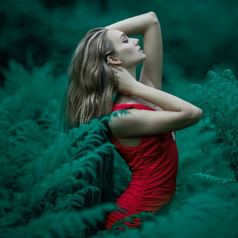 Woman in Red in forest