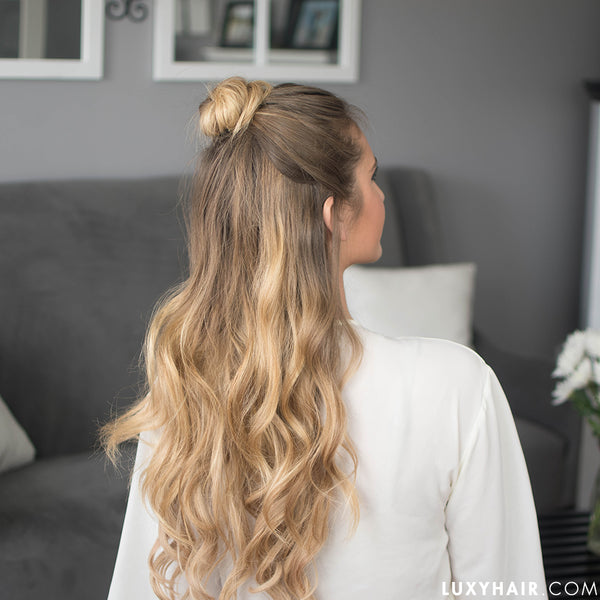 Valentines Day half up hairstyle for long hair