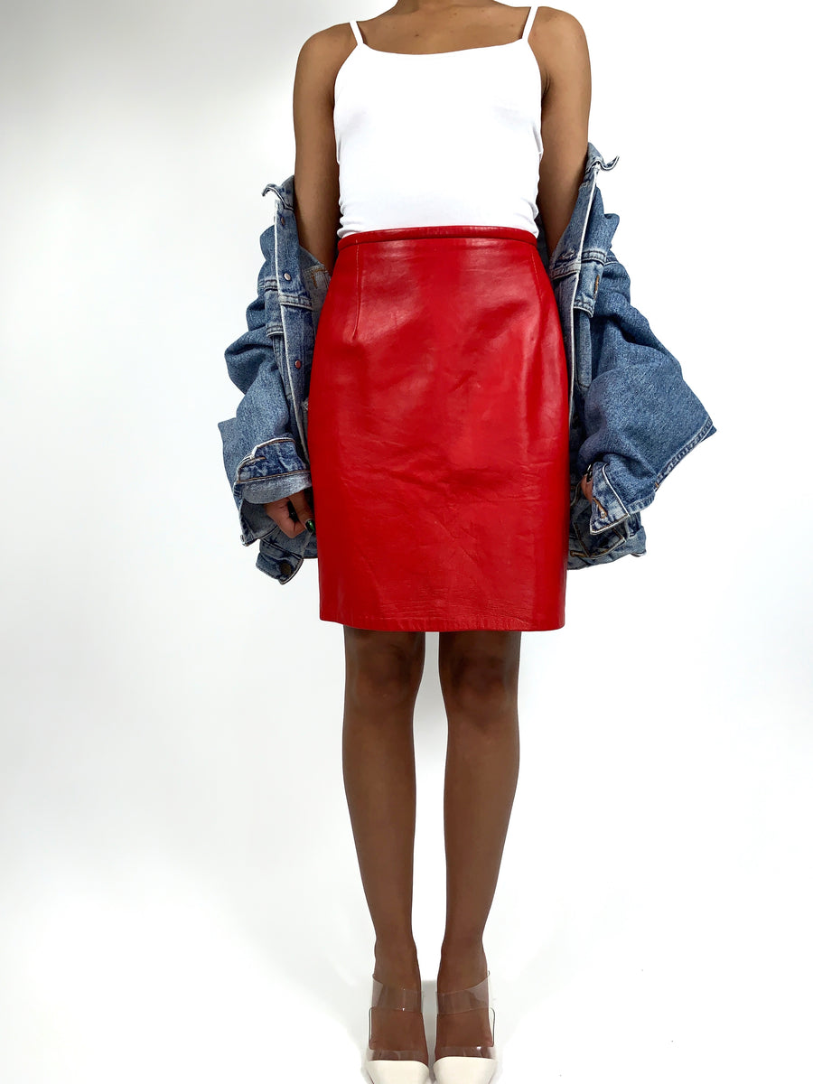topshop red leather skirt